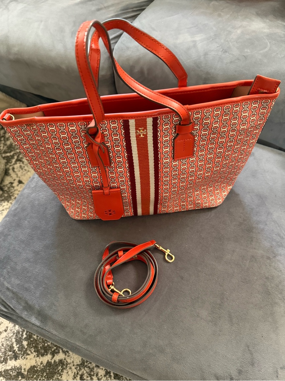 Tory Burch Coral-Red Canvas Stripe Tote